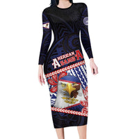 Personalized American Samoa Long Sleeve Bodycon Dress Bald Eagle With Polynesian Pattern DT05 Long Dress Navy - Polynesian Pride
