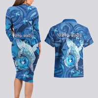 Personalised Northern Mariana Islands Couples Matching Long Sleeve Bodycon Dress and Hawaiian Shirt Galaxy Polynesian Shark Tattoo - Polynesian Pride
