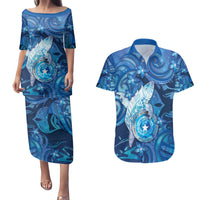 Personalised Northern Mariana Islands Couples Matching Puletasi and Hawaiian Shirt Galaxy Polynesian Shark Tattoo DT05 Blue - Polynesian Pride