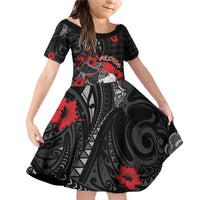 Personalised Hawaiian And Japanese Family Matching Off Shoulder Short Dress and Hawaiian Shirt Aloha Koi Fish Palaka Patterns DT05 Daughter's Dress Black - Polynesian Pride