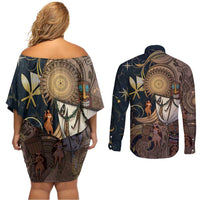 Hawaii Makahiki Couples Matching Off Shoulder Short Dress and Long Sleeve Button Shirt Polynesian Sky And Earth - Polynesian Pride