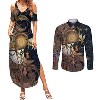 Hawaii Makahiki Couples Matching Summer Maxi Dress and Long Sleeve Button Shirt Polynesian Sky And Earth - Polynesian Pride