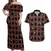 Hawaii Palaka Kahelelani Shell Lei Costume Couples Matching Off Shoulder Maxi Dress and Hawaiian Shirt Plaid Patterns