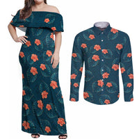 Hawaii Monstera Couples Matching Off Shoulder Maxi Dress and Long Sleeve Button Shirt Hibiscus Flowers Simple Style - Polynesian Pride