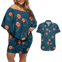 Hawaii Monstera Couples Matching Off Shoulder Short Dress and Hawaiian Shirt Hibiscus Flowers Simple Style - Polynesian Pride