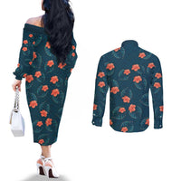 Hawaii Monstera Couples Matching Off The Shoulder Long Sleeve Dress and Long Sleeve Button Shirt Hibiscus Flowers Simple Style - Polynesian Pride