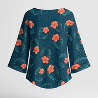Hawaii Monstera Kimono Sleeve Blouse Hibiscus Flowers Simple Style - Polynesian Pride