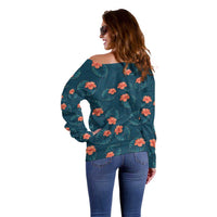 Hawaii Monstera Off Shoulder Sweater Hibiscus Flowers Simple Style - Polynesian Pride