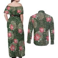 Hawaii Couples Matching Off Shoulder Maxi Dress and Long Sleeve Button Shirt Green Polynesian Monstera Patterns - Polynesian Pride