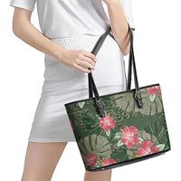 Hawaii Leather Tote Bag Green Polynesian Monstera Patterns - Polynesian Pride