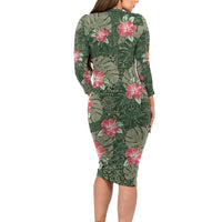 Hawaii Long Sleeve Bodycon Dress Green Polynesian Monstera Patterns - Polynesian Pride