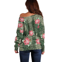 Hawaii Off Shoulder Sweater Green Polynesian Monstera Patterns - Polynesian Pride