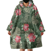 Hawaii Wearable Blanket Hoodie Green Polynesian Monstera Patterns - Polynesian Pride