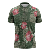 Hawaii Zipper Polo Shirt Green Polynesian Monstera Patterns - Polynesian Pride