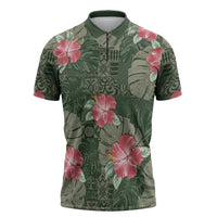 Hawaii Zipper Polo Shirt Green Polynesian Monstera Patterns - Polynesian Pride