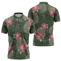 Hawaii Zipper Polo Shirt Green Polynesian Monstera Patterns - Polynesian Pride