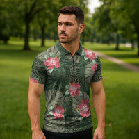 Hawaii Zipper Polo Shirt Green Polynesian Monstera Patterns - Polynesian Pride