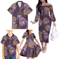 Hawaii Family Matching Off The Shoulder Long Sleeve Dress and Hawaiian Shirt Purple Polynesian Monstera Patterns - Polynesian Pride