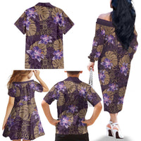 Hawaii Family Matching Off The Shoulder Long Sleeve Dress and Hawaiian Shirt Purple Polynesian Monstera Patterns - Polynesian Pride