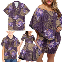 Hawaii Family Matching Off Shoulder Short Dress and Hawaiian Shirt Purple Polynesian Monstera Patterns - Polynesian Pride