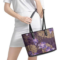 Hawaii Leather Tote Bag Purple Polynesian Monstera Patterns - Polynesian Pride