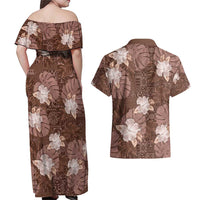 Hawaii Couples Matching Off Shoulder Maxi Dress and Hawaiian Shirt Brown Polynesian Monstera Patterns - Polynesian Pride