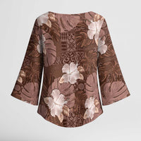Hawaii Kimono Sleeve Blouse Brown Polynesian Monstera Patterns - Polynesian Pride