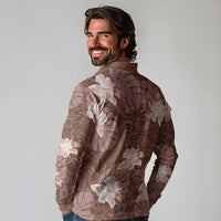 Hawaii Long Sleeve Polo Shirt Brown Polynesian Monstera Patterns - Polynesian Pride