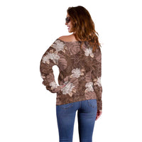 Hawaii Off Shoulder Sweater Brown Polynesian Monstera Patterns - Polynesian Pride