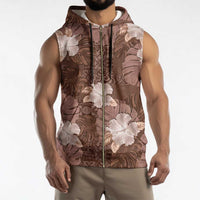 Hawaii Sleeveless Zip Hoodie Brown Polynesian Monstera Patterns - Polynesian Pride
