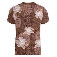 Hawaii Women V-Neck T-Shirt Brown Polynesian Monstera Patterns DT05 - Polynesian Pride