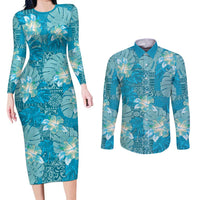 Hawaii Couples Matching Long Sleeve Bodycon Dress and Long Sleeve Button Shirt Teal Polynesian Monstera Patterns - Polynesian Pride