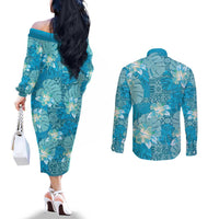 Hawaii Couples Matching Off The Shoulder Long Sleeve Dress and Long Sleeve Button Shirt Teal Polynesian Monstera Patterns - Polynesian Pride