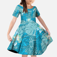 Hawaii Family Matching Long Sleeve Bodycon Dress and Hawaiian Shirt Teal Polynesian Monstera Patterns - Polynesian Pride