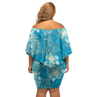 Hawaii Family Matching Off Shoulder Short Dress and Hawaiian Shirt Teal Polynesian Monstera Patterns - Polynesian Pride