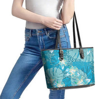 Hawaii Leather Tote Bag Teal Polynesian Monstera Patterns - Polynesian Pride