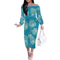 Hawaii Off The Shoulder Long Sleeve Dress Teal Polynesian Monstera Patterns - Polynesian Pride