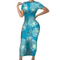 Hawaii Short Sleeve Bodycon Dress Teal Polynesian Monstera Patterns - Polynesian Pride