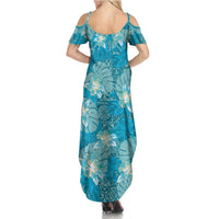 Hawaii Summer Maxi Dress Teal Polynesian Monstera Patterns - Polynesian Pride