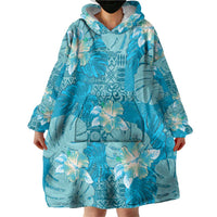 Hawaii Wearable Blanket Hoodie Teal Polynesian Monstera Patterns - Polynesian Pride