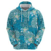 Hawaii Zip Hoodie Teal Polynesian Monstera Patterns - Polynesian Pride