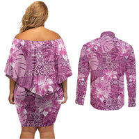 Hawaii Couples Matching Off Shoulder Short Dress and Long Sleeve Button Shirt Magenta Polynesian Monstera Patterns - Polynesian Pride