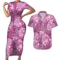 Hawaii Couples Matching Short Sleeve Bodycon Dress and Hawaiian Shirt Magenta Polynesian Monstera Patterns - Polynesian Pride