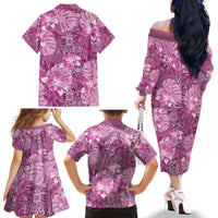 Hawaii Family Matching Off The Shoulder Long Sleeve Dress and Hawaiian Shirt Magenta Polynesian Monstera Patterns - Polynesian Pride