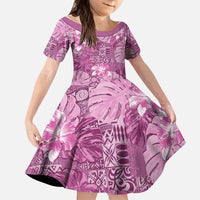 Hawaii Kid Short Sleeve Dress Magenta Polynesian Monstera Patterns - Polynesian Pride