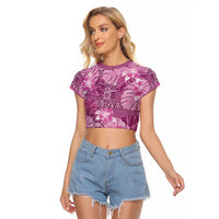 Hawaii Raglan Cropped T Shirt Magenta Polynesian Monstera Patterns - Polynesian Pride