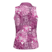 Hawaii Women Sleeveless Polo Shirt Magenta Polynesian Monstera Patterns - Polynesian Pride