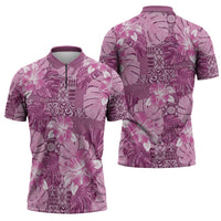 Hawaii Zipper Polo Shirt Magenta Polynesian Monstera Patterns - Polynesian Pride