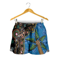 Fijian and Australian Culture Together Shorts for Women Aboriginal Art and Tapa Motifs with Kangaroo and Palm Tree - Polynesian Pride
