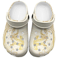 Gold and White Hawaii Clogs Shoes Hammerhead Shark Tattoo Curve Polynesian - Polynesian Pride